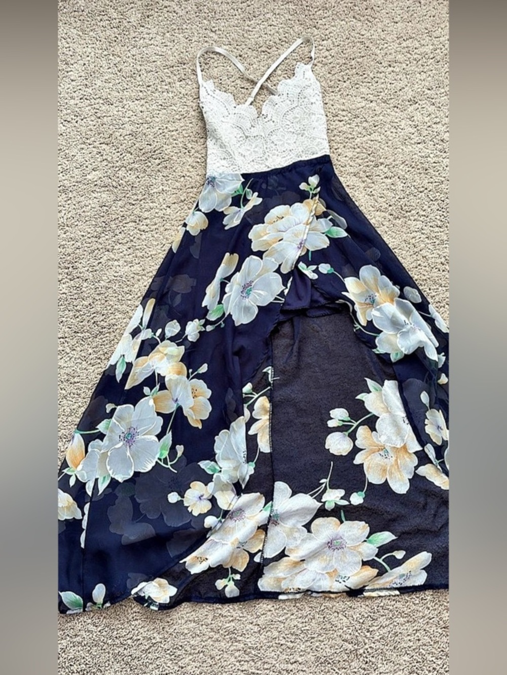 Lace Maxi Overlay Romper Floral Blue & White size M